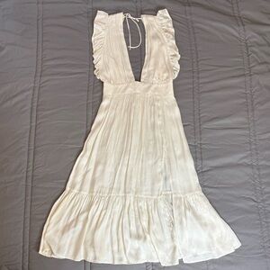 Stillwater Jessie Style White DeepV Ruffle Midi Dress L Rayon Boho Wedding Guest
